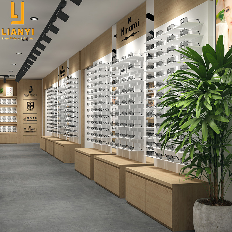 Luxurious Optical Shop Interior Design Layout Decoration Led Lighting Sunglass Display Cabinets