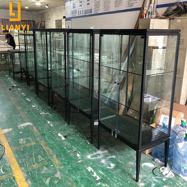 Floorstanding Modern Boutique Led Lights Metal Frame Vitrines Display Cabinet with Glass Doors