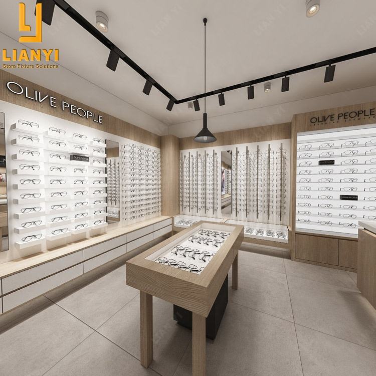 Luxurious Optical Shop Interior Design Layout Decoration Led Lighting Sunglass Display Cabinets