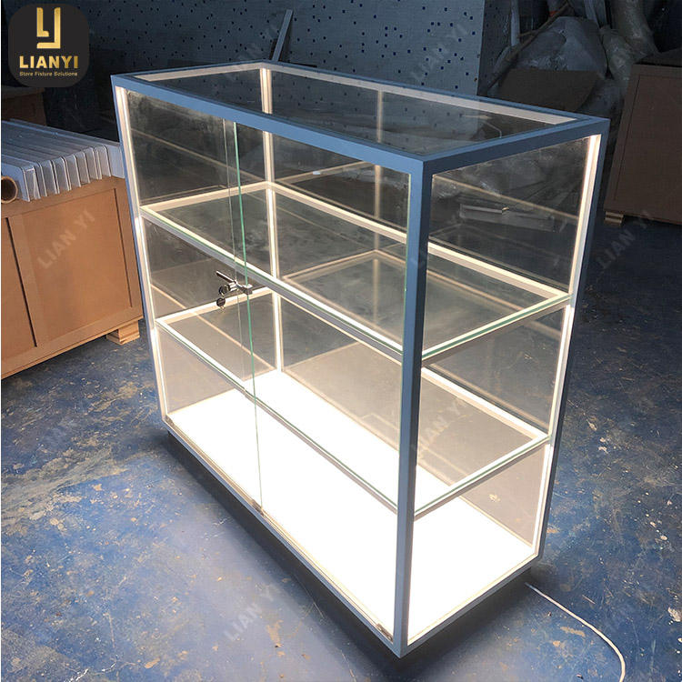 Commercial Showcase Glass Vitrine Tower Display Case With Lights For Boutique Phone Display