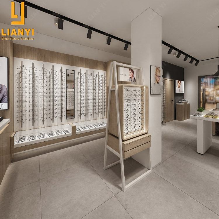 Luxurious Optical Shop Interior Design Layout Decoration Led Lighting Sunglass Display Cabinets