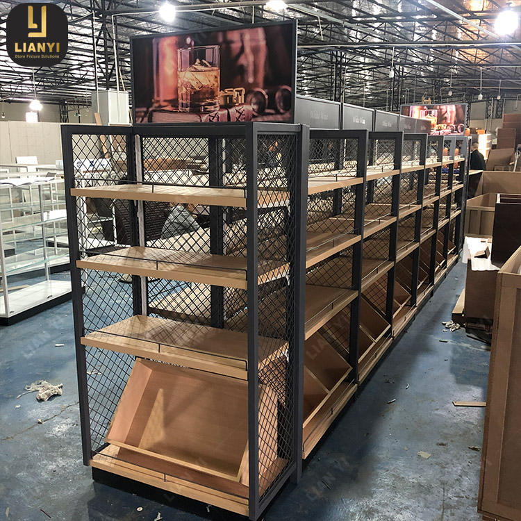 Custom Metal Wooden Grocery Store Display Rack Gondola Retail Shelves For Market