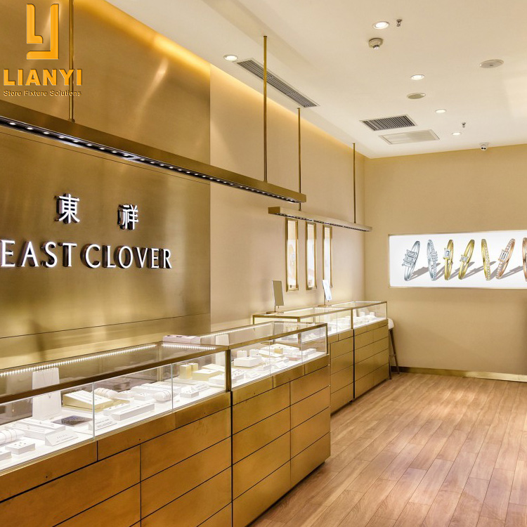 Shopping Mall Gold Jewellery Showroom Design Golden Jewelry Kiosk Showcase Display Cabinet