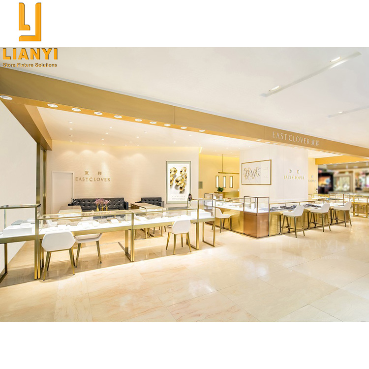 Shopping Mall Gold Jewellery Showroom Design Golden Jewelry Kiosk Showcase Display Cabinet