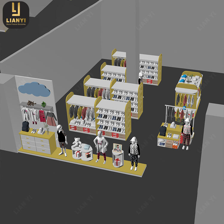 Fashionable Kid Clothing Shop Interior Decoration Layout Shoe Store Display Racks for Shoes Showroom Design