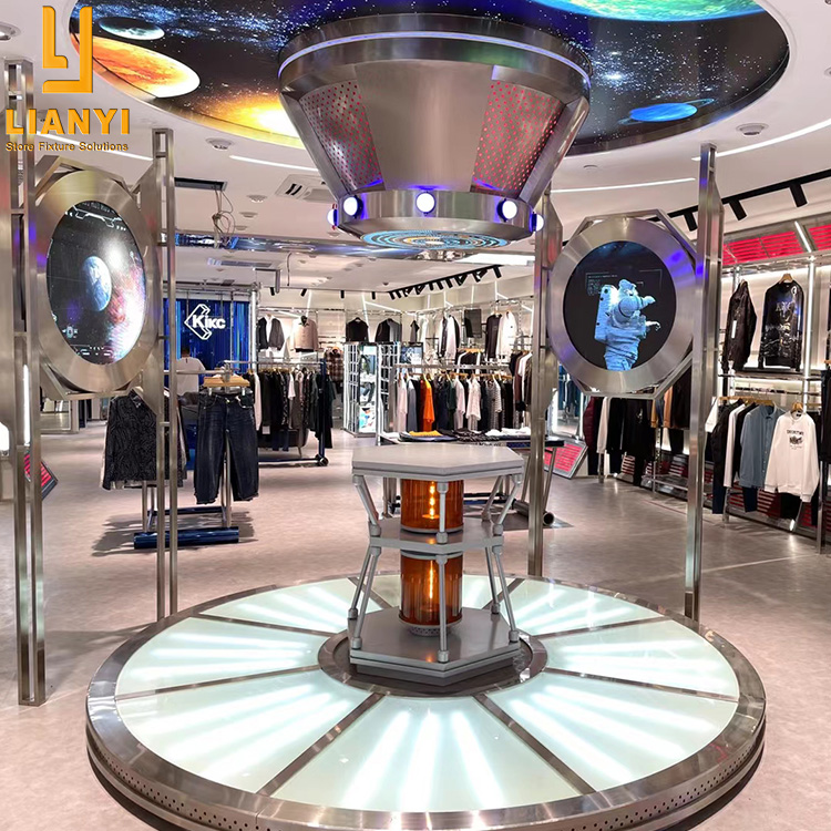 Creative Design Clothing Store Equipment Boutique Furniture Led Metal Clothes Display Shelves