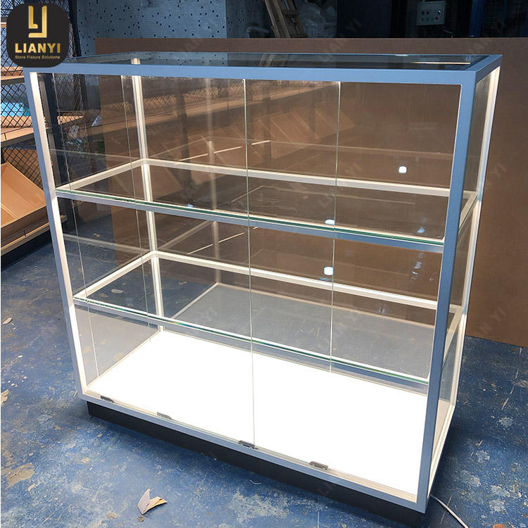 Commercial Showcase Glass Vitrine Tower Display Case With Lights For Boutique Phone Display