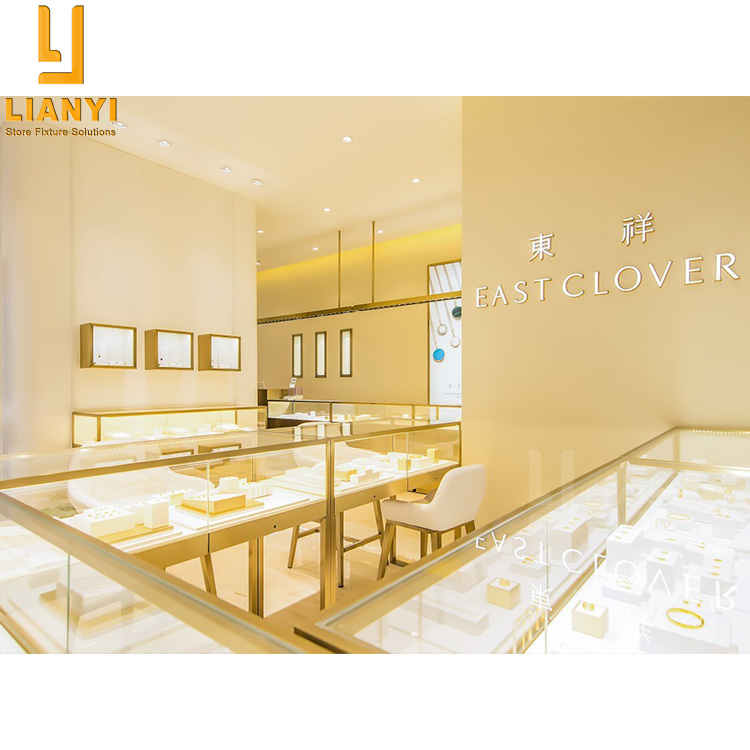 Shopping Mall Gold Jewellery Showroom Design Golden Jewelry Kiosk Showcase Display Cabinet