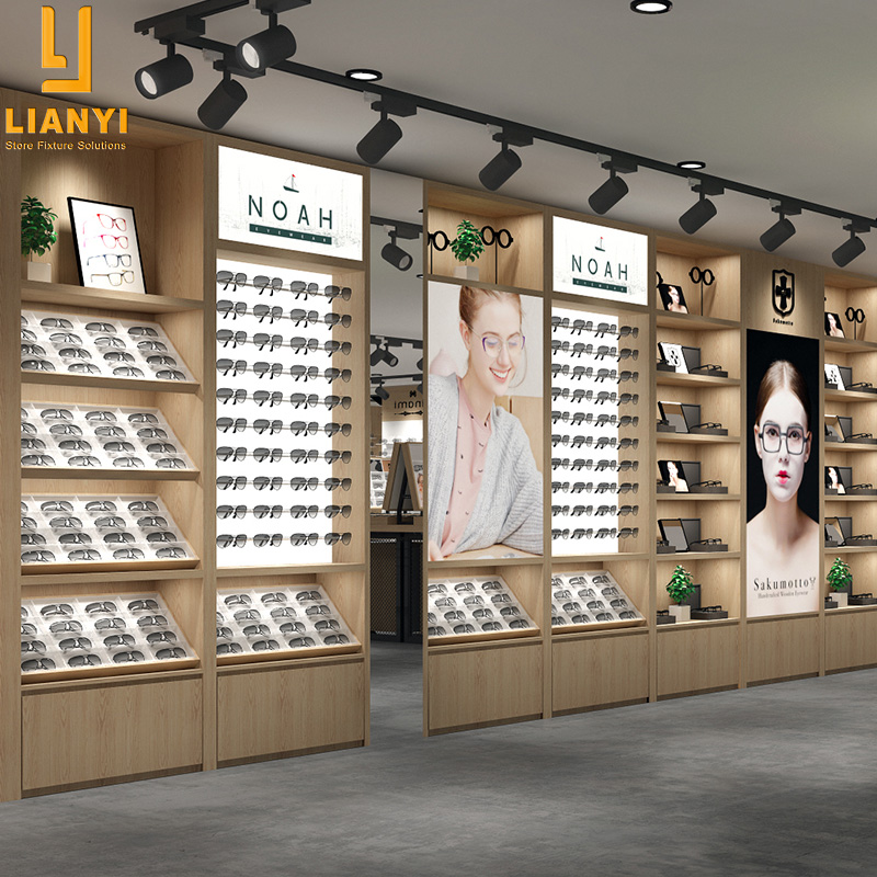 Luxurious Optical Shop Interior Design Layout Decoration Led Lighting Sunglass Display Cabinets