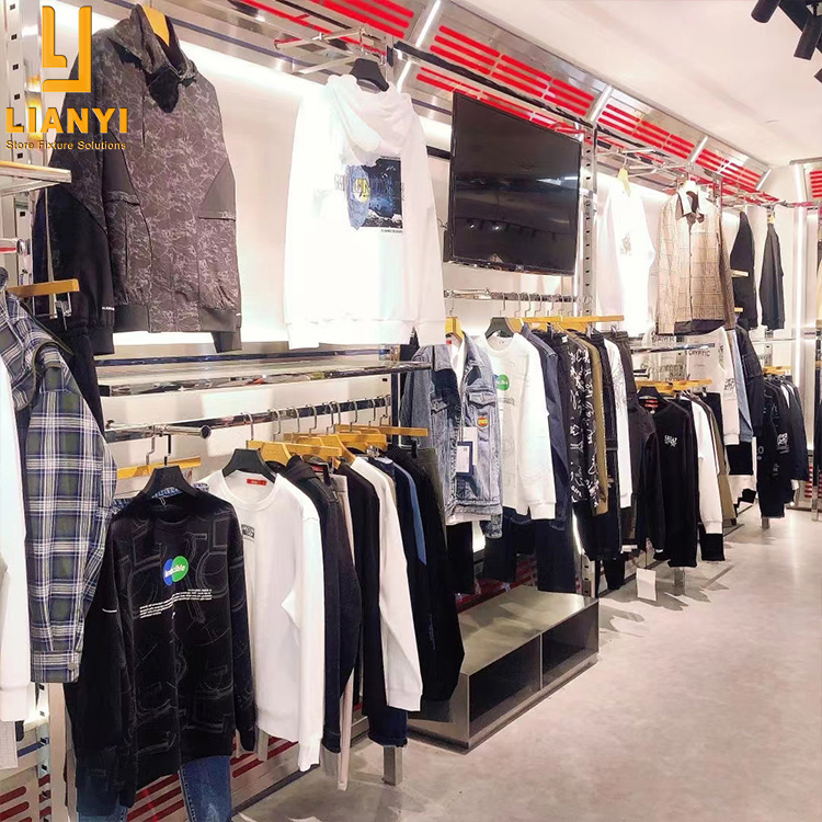 Creative Design Clothing Store Equipment Boutique Furniture Led Metal Clothes Display Shelves