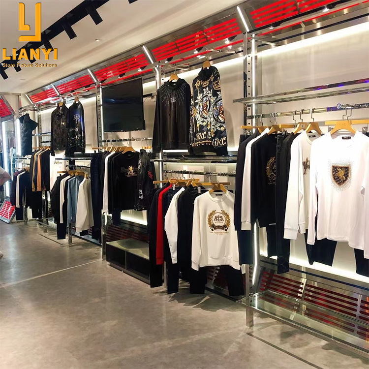 Creative Design Clothing Store Equipment Boutique Furniture Led Metal Clothes Display Shelves