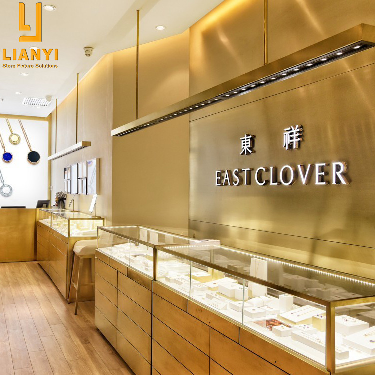 Shopping Mall Gold Jewellery Showroom Design Golden Jewelry Kiosk Showcase Display Cabinet